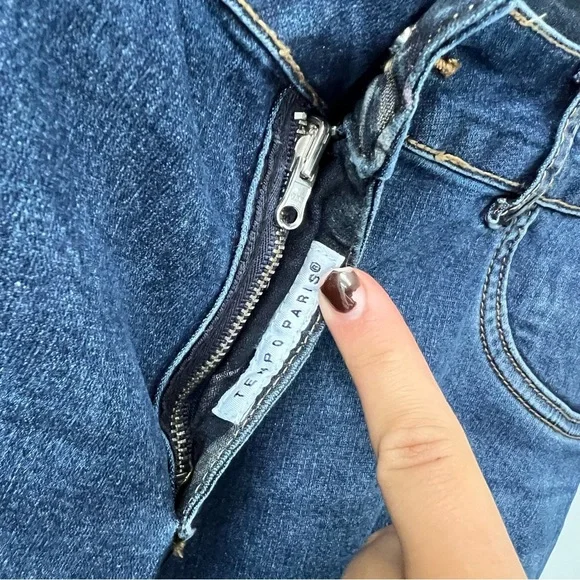 Tempo Paris Blue Floral Reversible Denim Skinny Jeans Cotton Blend Large - Picture 15 of 16